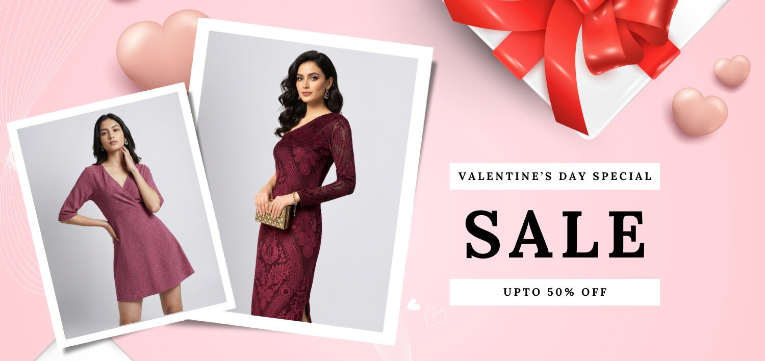 Valentine's Day special sale banner with a woman in a dress, heart-shaped objects, and a gift box on a pink background.