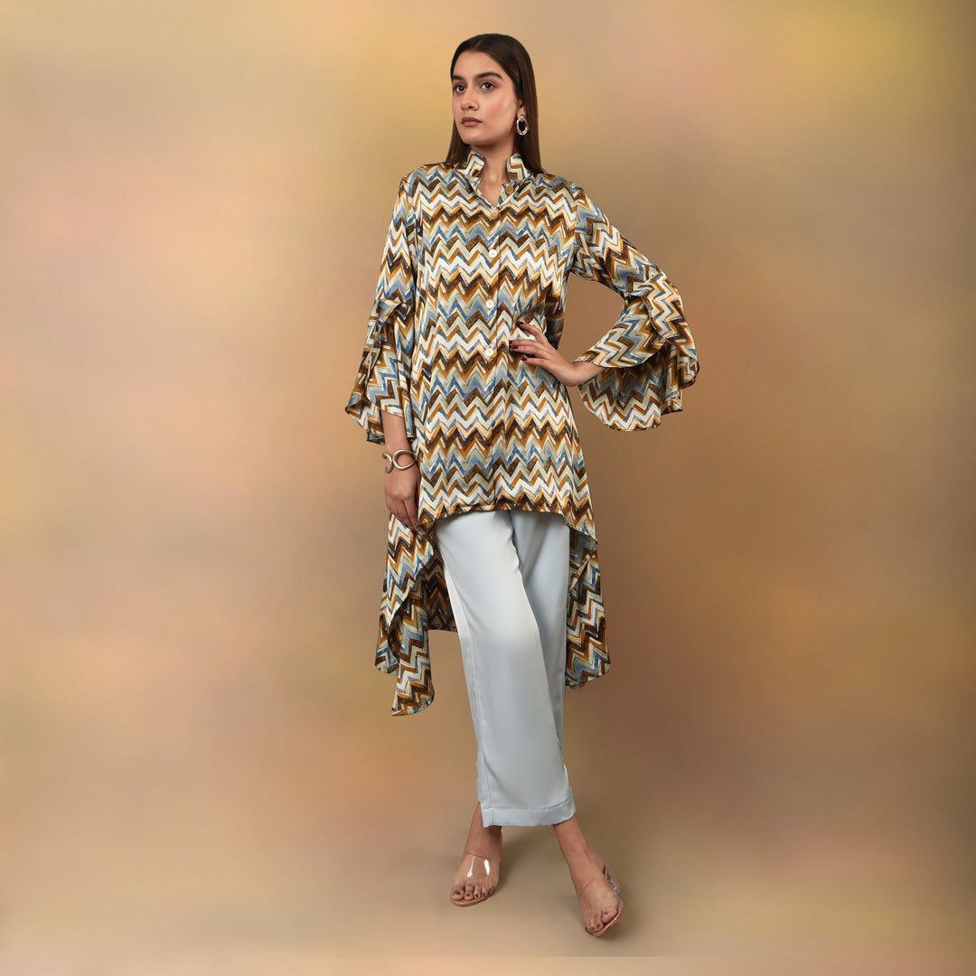 Chevron Printed High Low Kurta Flare