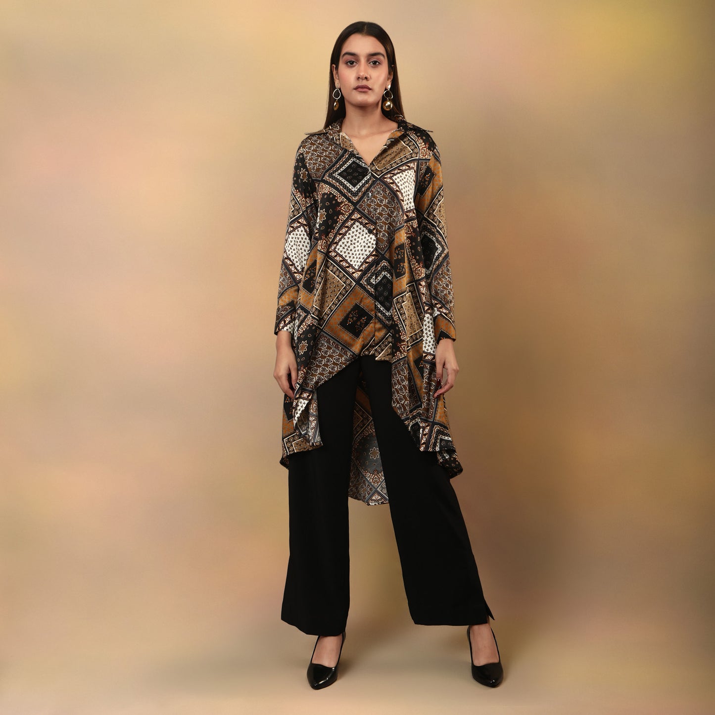 High Low Flared Kurta Brown Scarf Print