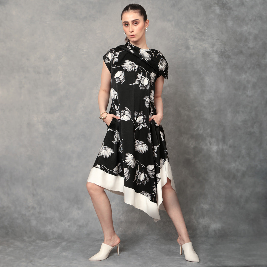 Asymmetrical Cowl Neck Dress Floral Print