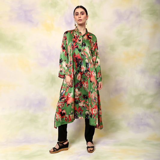 Green Flowly Kurta With V Neck Collar