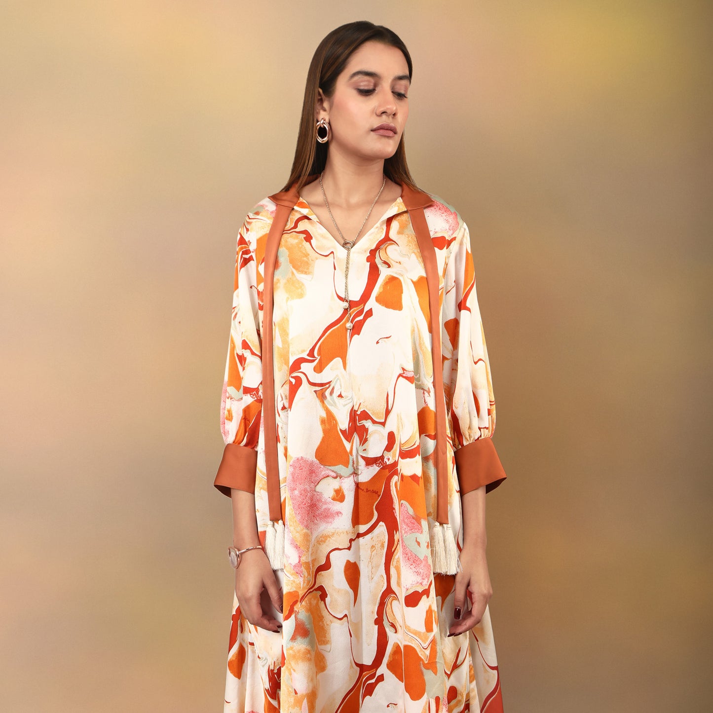 Marble Print Asymmetrical Long Kurta