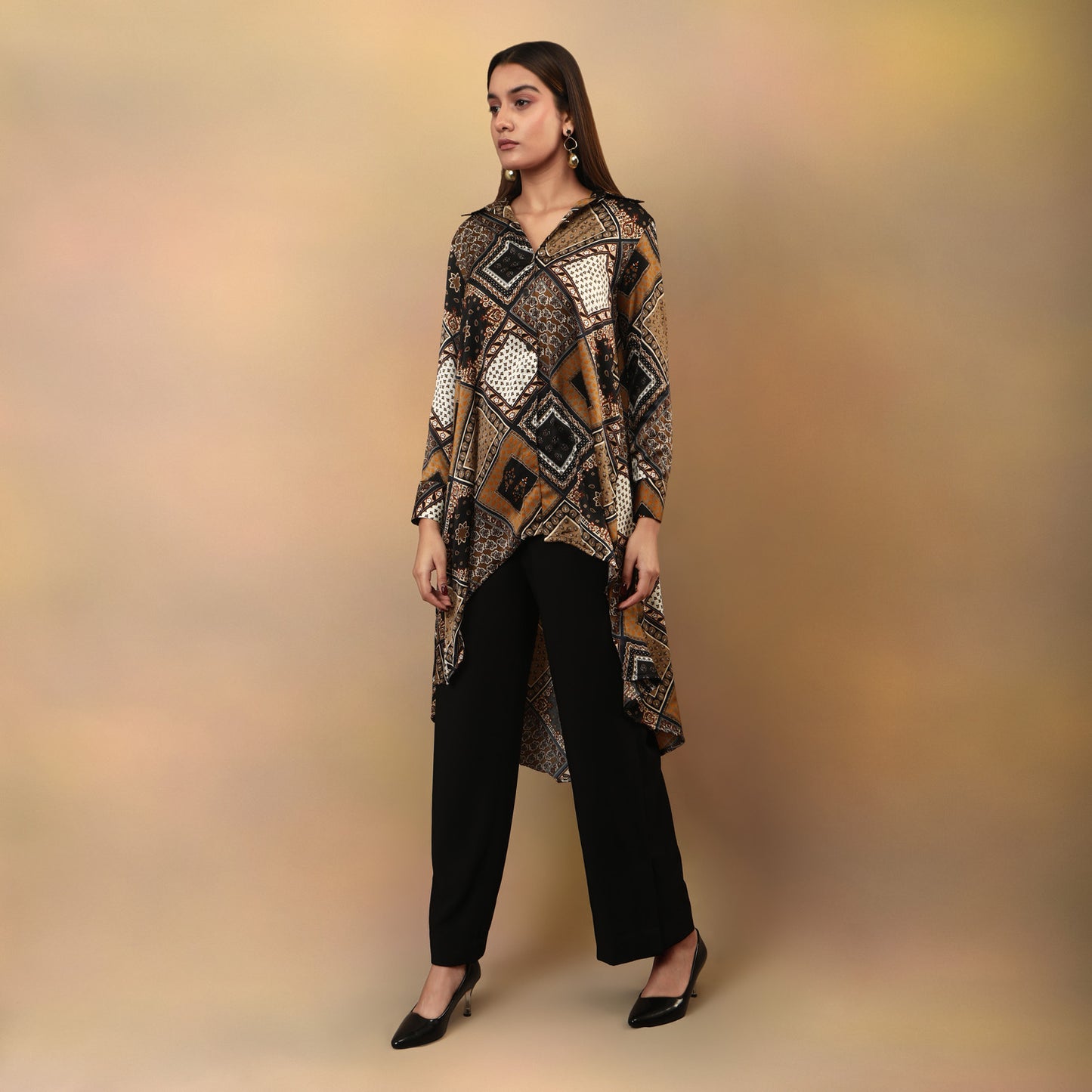 High Low Flared Kurta Brown Scarf Print