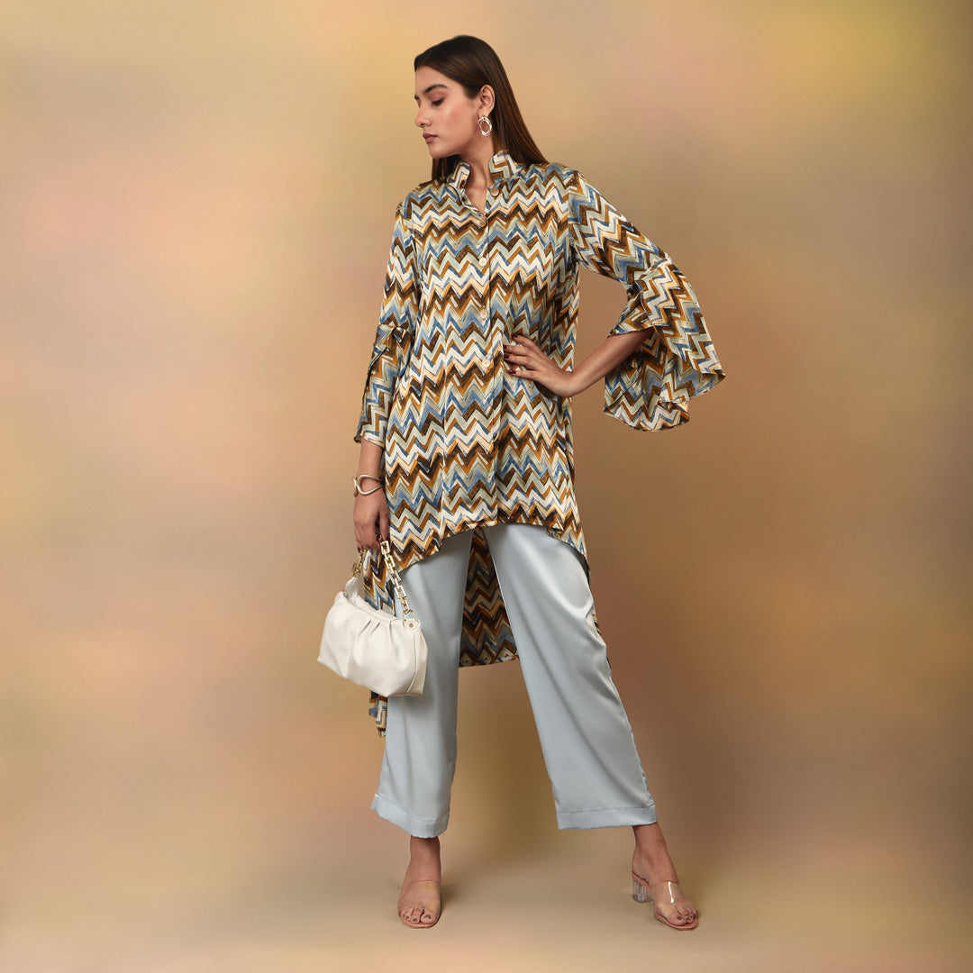 Chevron Printed High Low Kurta Flare