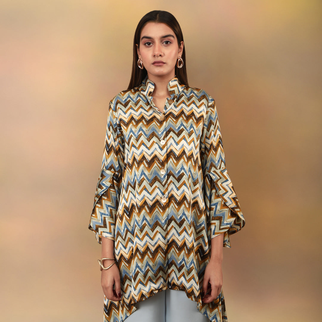 Chevron Printed High Low Kurta Flare