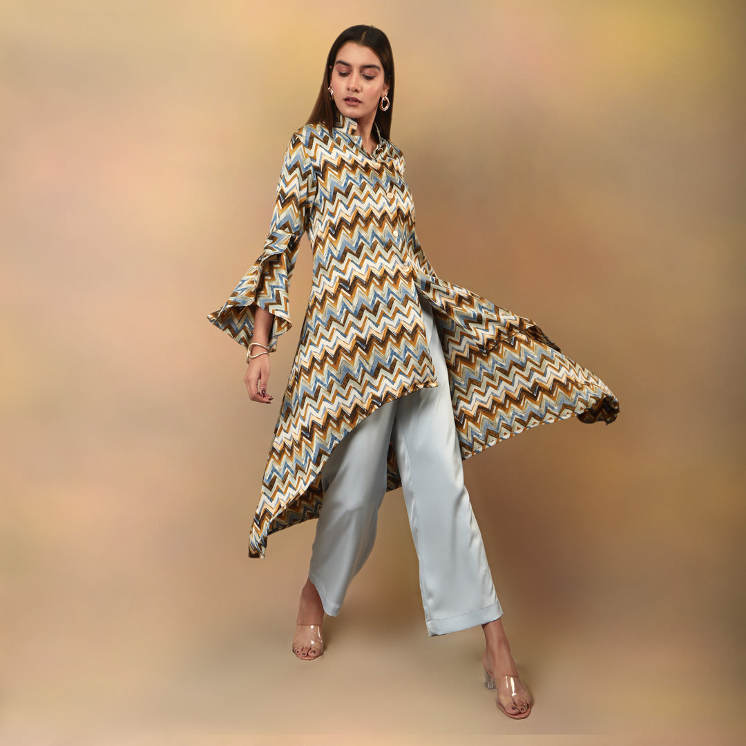 Chevron Printed High Low Kurta Flare