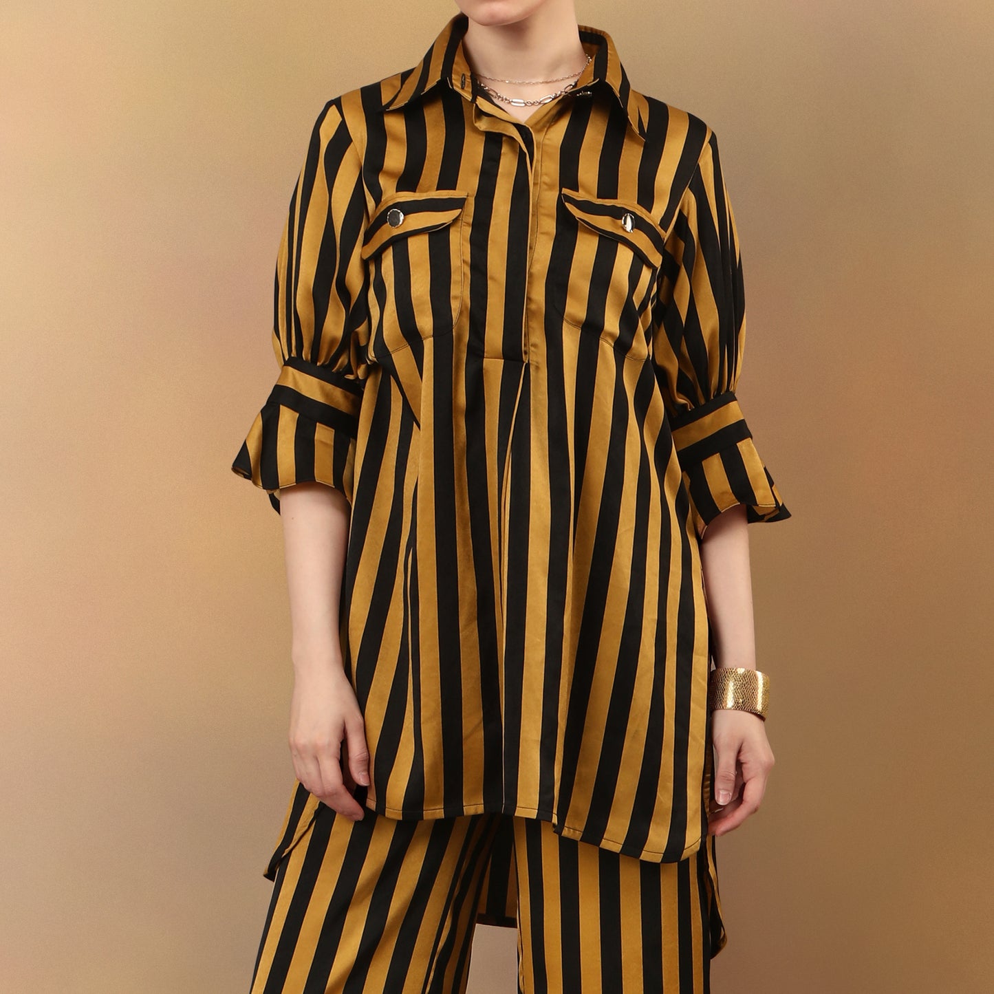 Mustard Striped Print Collared Shirt