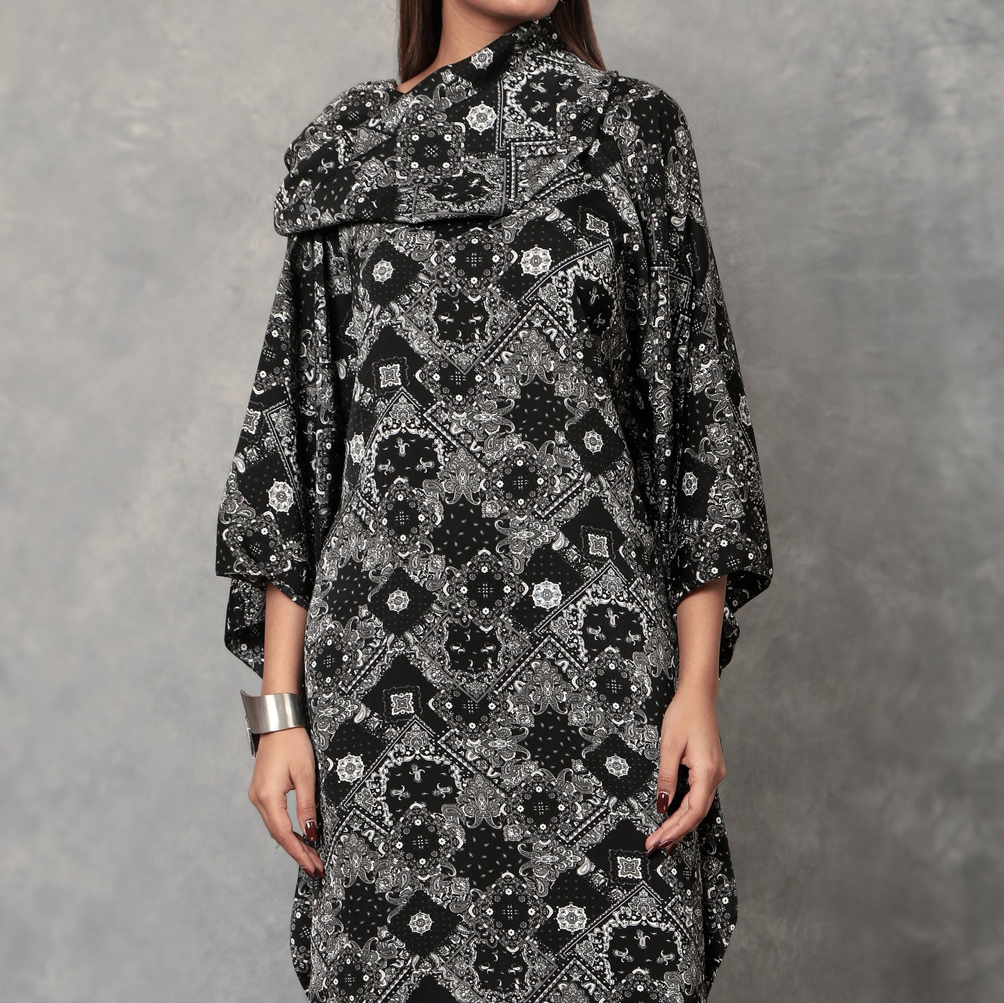 Scarf Print Cowl Neck Kaftan