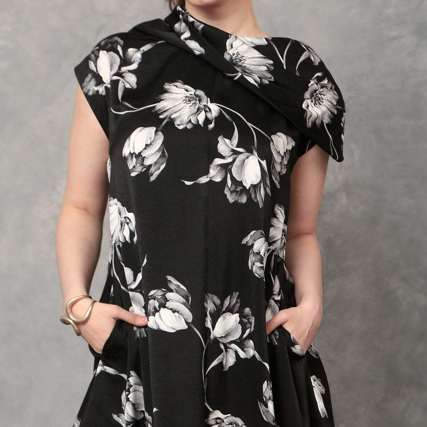 Asymmetrical Cowl Neck Dress Floral Print