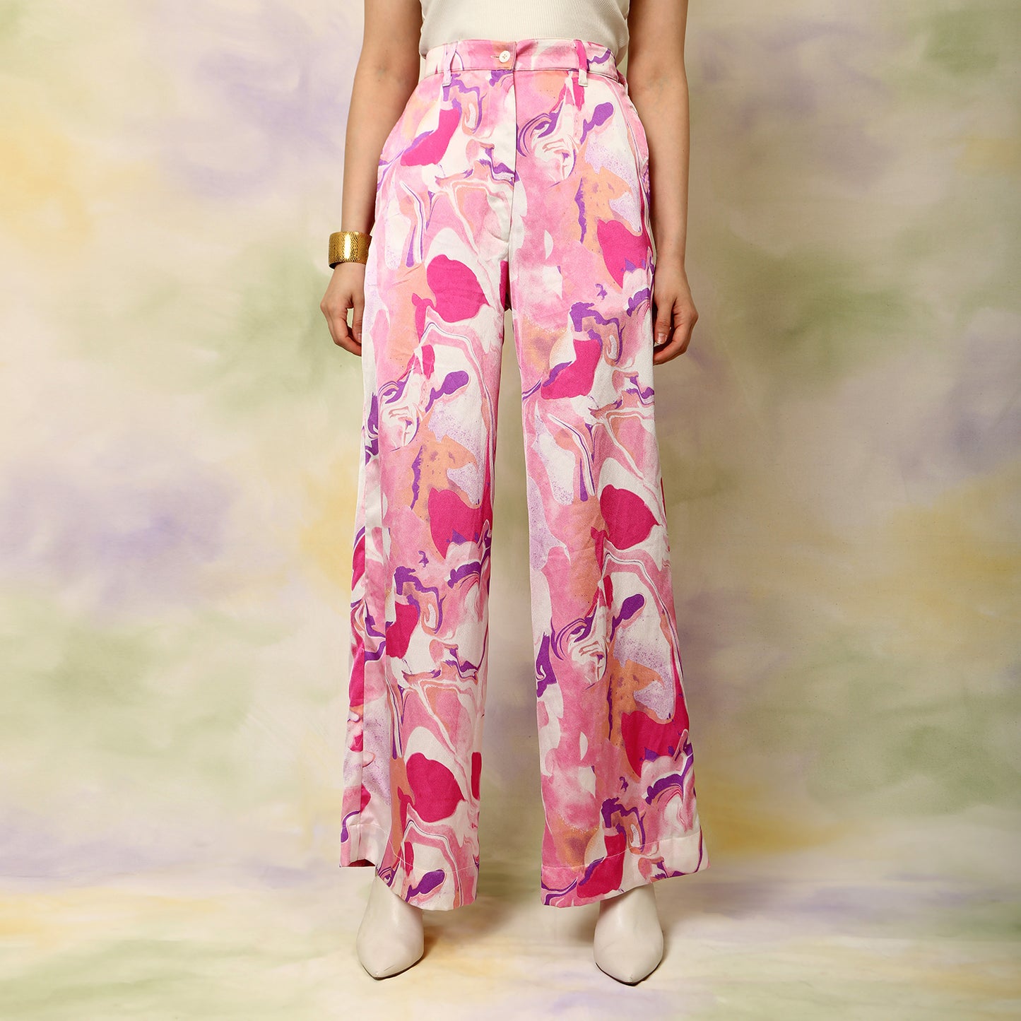 High Waisted Flared Marble Print Trousers