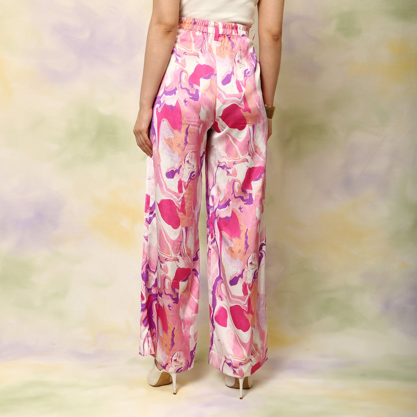 High Waisted Flared Marble Print Trousers